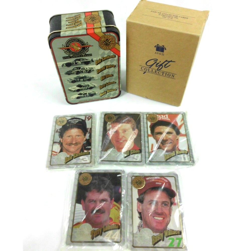 Vintage 1996 Avon Nascar Collector Cards Tin & 5 Sealed Metal Cards Earnhardt